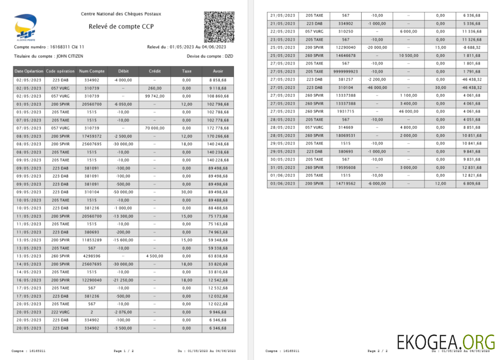 France France Centre National des Chèques Postaux Relevé de compte CCP Modèle Word et PDF